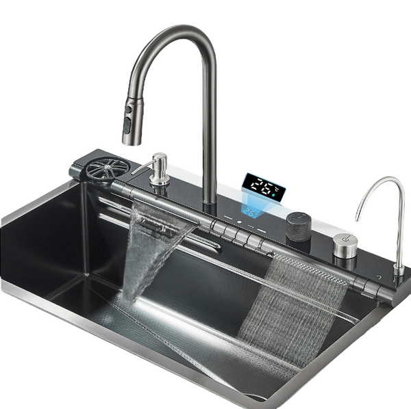 Stainless Steel Kitchen Waterfall Sink Digital Display Large Single Sink Dish Basin Sink Purification water Cup Washer Crane